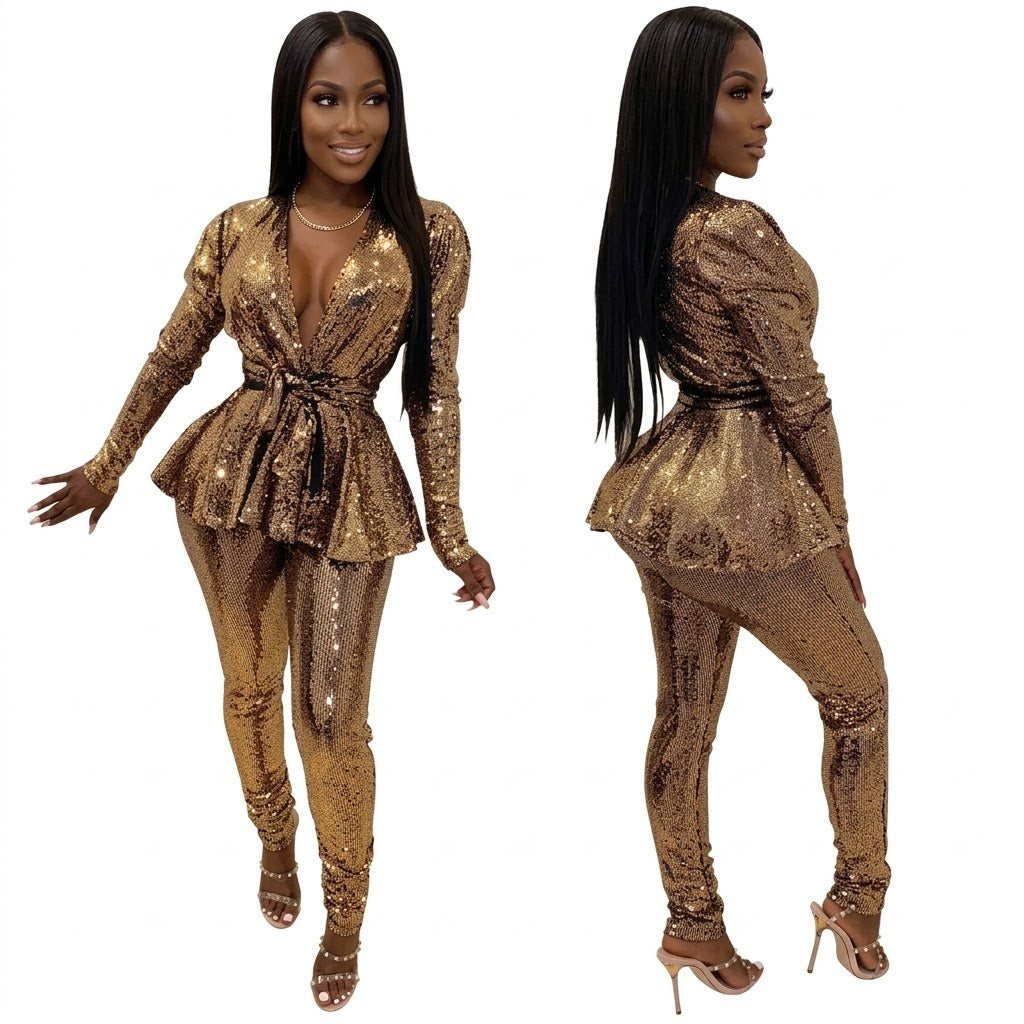 Metallic Sparkling Women's Low Cut Sash Belted Blazer Jacket + Pants Formal Party Suit