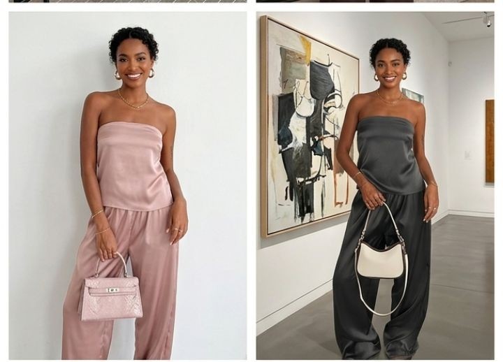 Satin Sleeveless Backless Women's Lace-Up Crop Top + Wide Leg Pants Solid Color 2-Piece Set
