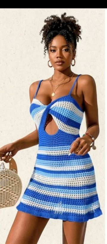 Crochet Striped Colorblock Knitted Twisted Spaghetti Strap Hollow-Out Lace-Up Back Design Mini Dress
