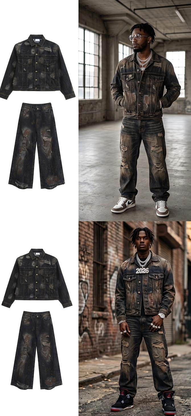 Men's Denim Colorblock Gradient Faded Checker Pattern Ripped Jean Jacket + Wide Leg Streetwear Hip-Hop Men's 2-Piece Set