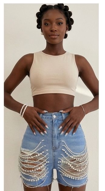 Handmade Tassel Fringe Pearl Chain Decor Denim Dark Blue/Light Blue Women's Jean Shorts