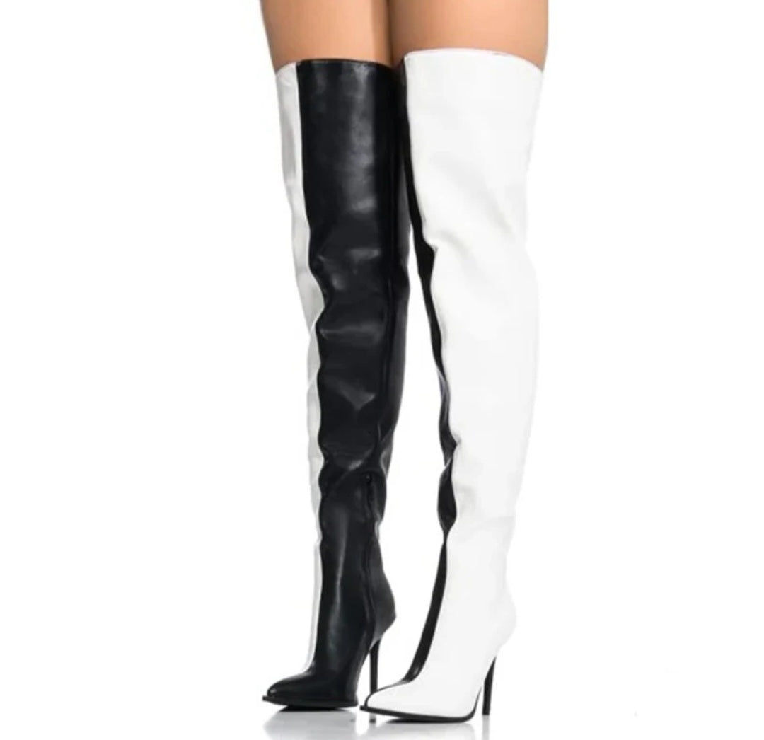 Colorblock 2-Tone Stiletto Heel Over-the-Knee Pointed Toe Side Zipper Boots