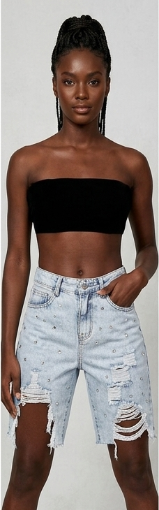 Denim Ripped Faded Diamond Embellished Women's Jean Bermuda Shorts to 3X Plus Size