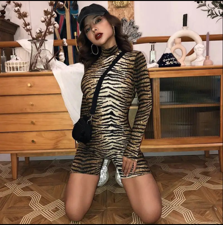 Leopard/Zebra Print Mock Neck Long Sleeve Women's Skinny Bodycon Shorts Romper