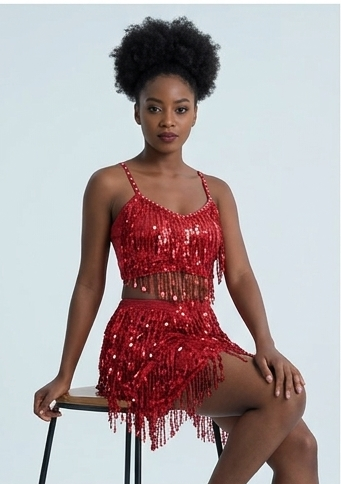 Sequin Metallic Tassel Crop Tank Top + Elastic Waist Fringe Mini Skirt Women's Formal 2-Piece Dance/Party Set