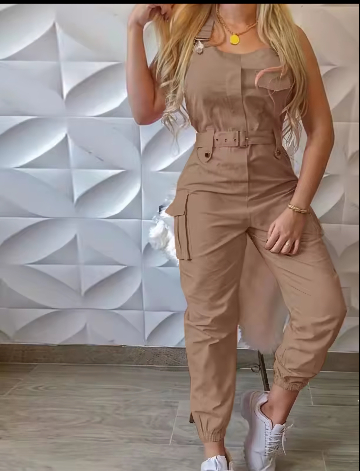 Sleeveless Solid Color Belted Women's Cargo Pocketed Overall Jumpsuit to 3X Plus Size