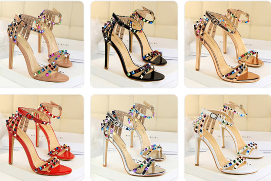 Open Toe Cut-Out Rainbow Tassel Fringe Buckle Strap Stiletto Heel Sandal Pumps