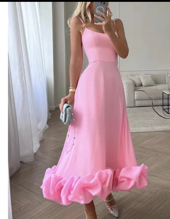 Ruffled Sleeveless Flower Hem Design Spaghetti Strap Flounce Bustier Fishtail Maxi Dress