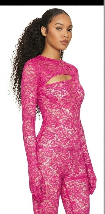 Lace Satin Sheer Transparent Hollow-Out Skinny O-Neck Long Sleeve Women's Bodycon Jumpsuit