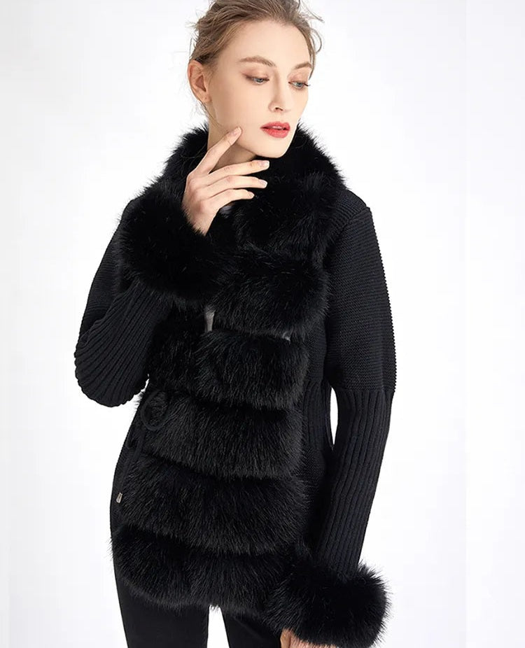 Faux Fur Ladies Knitted Detachable Collar Cardigan Sweater Jacket