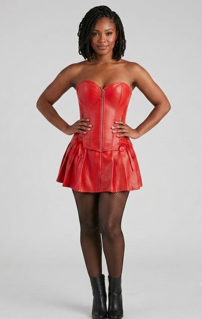 Sleeveless Pleated Hem PU Leather Zipper Front Overbust Bustier Corset Mini Tube Top Dress to 6X Plus Size