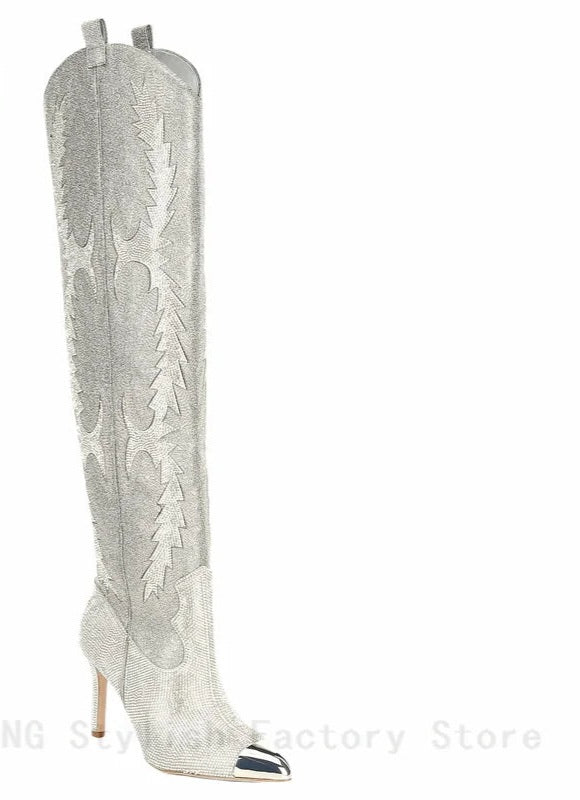 Western Embroidered Rhinestone Embellished Over-the-Knee Pointed Toe Thigh High Boots