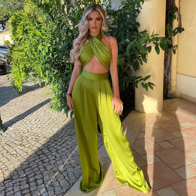 Bandage Slash Neck Bowtie Detail Strapless Crop Top + Wide Leg Pants Matching 2-Piece Set