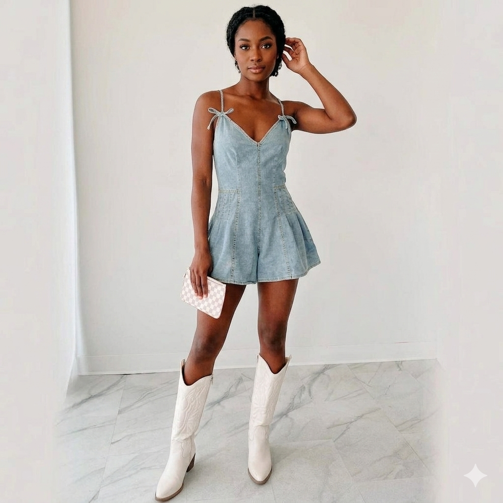 Denim Sleeveless Stonewashed Bowknot Design Spaghetti Strap Women's Ruched Waist Cowgirl Jean Shorts Romper
