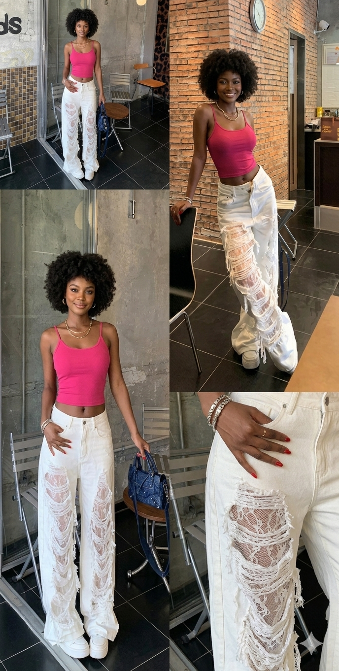 White Ripped Lace Fringe Hollow-Out Design Wide Leg Women's Hip-Hop Streetwear Jeans
