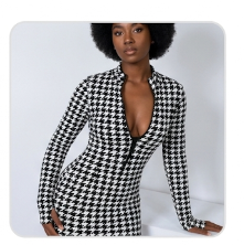 Geometric/Plaid/Baroque/Houndstooth Long Sleeve Bodycon Deep V-Neck Mini Dress