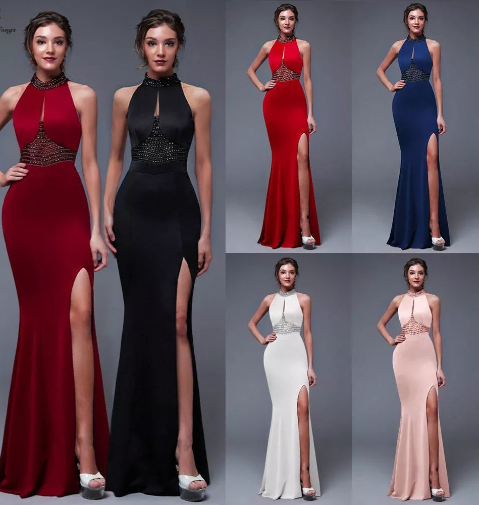 Sleeveless Cut-Out Backless High Side Slit Solid Prom/Bridesmaid Formal Mermaid Party Dress