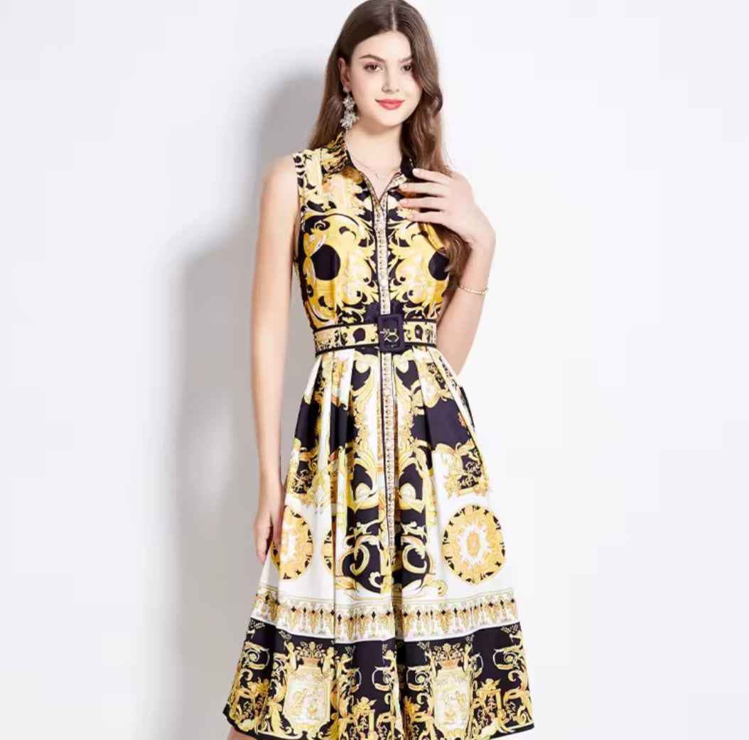 Sleeveless Floral Baroque Print Turn-Down Collar Belted Maxi Dress