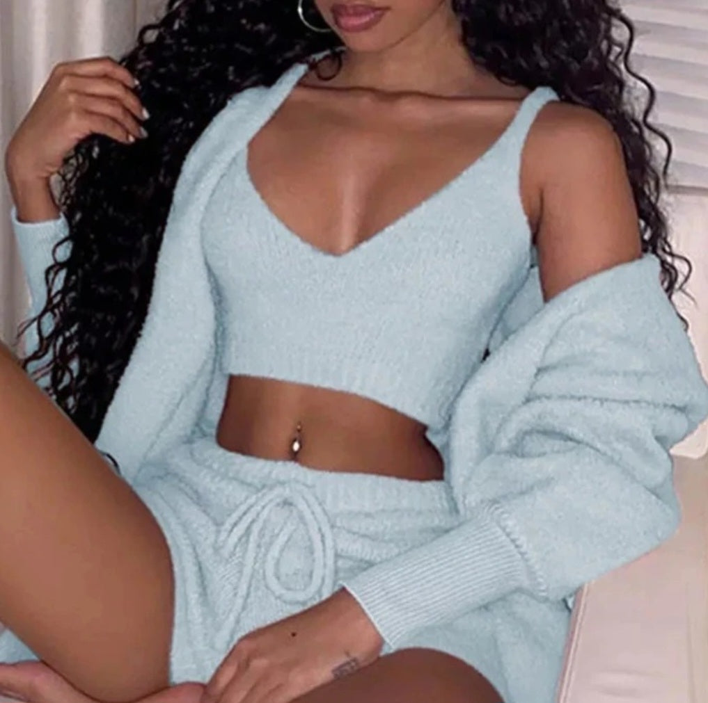 Fleece Solid Color Open Women's Long Sleeve Maxi Cardigan w/ Sash Belt + Crop Tank Top + Drawstring Shorts 3-Piece Knitted Pajamas Set to 3X Plus Size