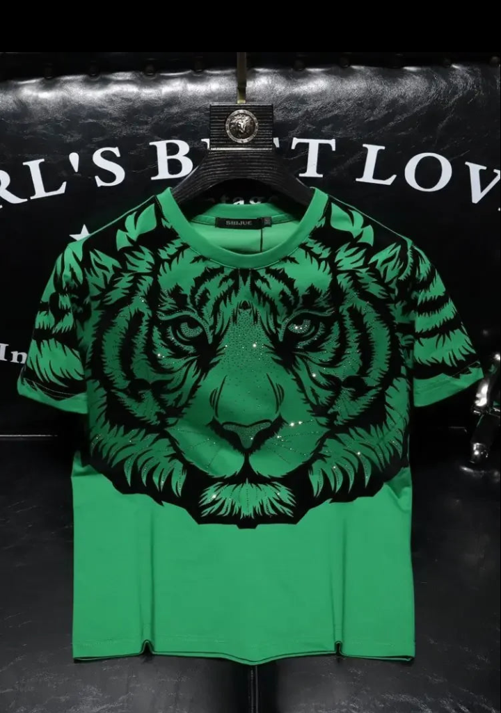 Rhinestone Green/Black Tiger Print Men's O-Neck Short Sleeve T-Shirt to 6X Big & Tall