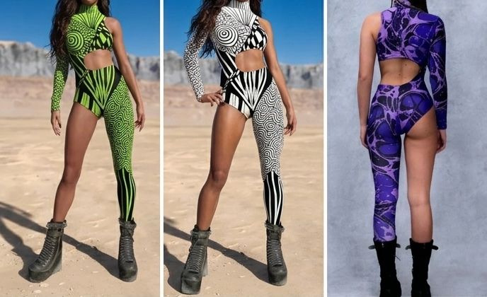 Irregular Asymmetrical One Sleeve Rainbow Geometric Striped Floral Hollow-Out 3D Print One Leg Jumpsuit to 3X Plus Size