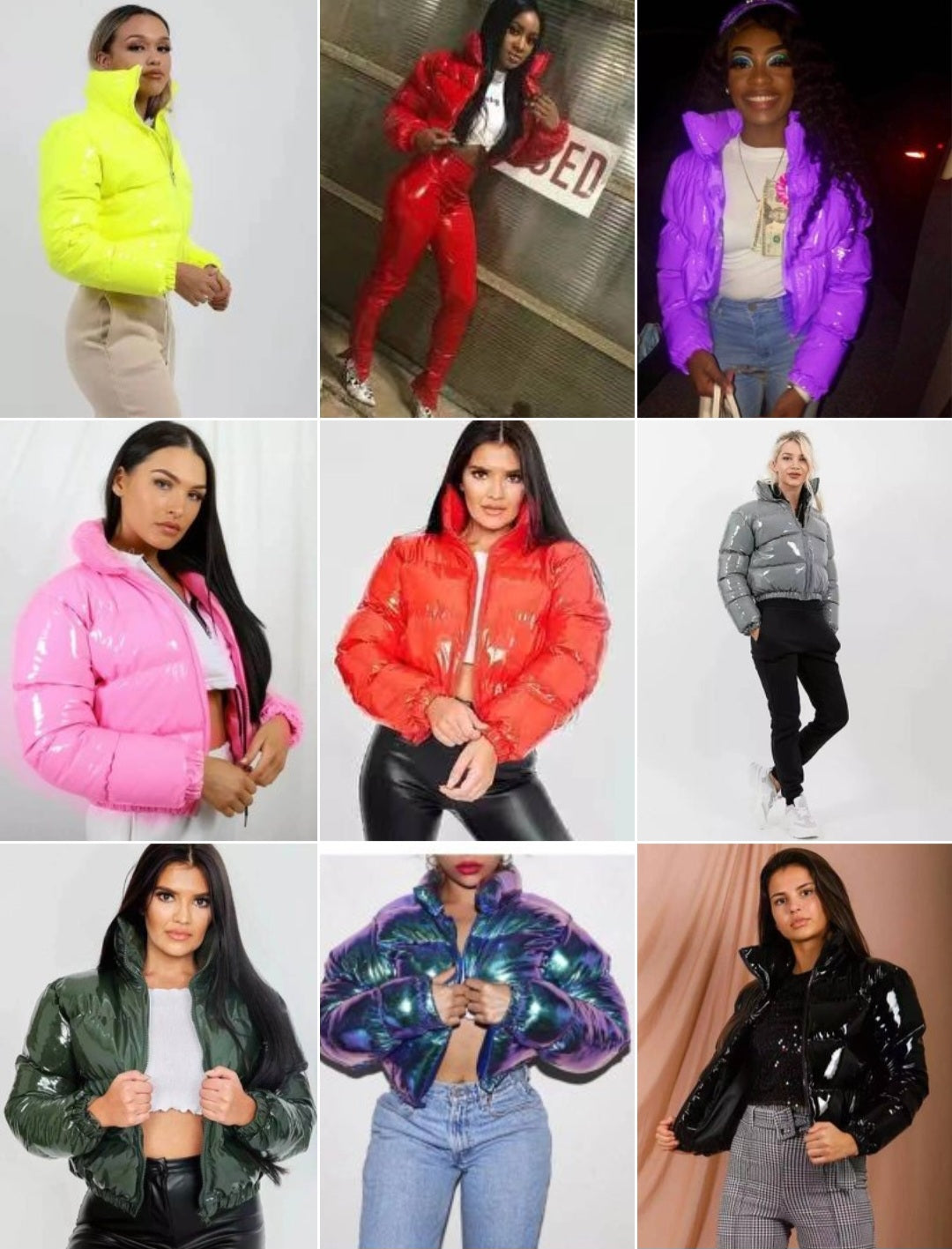 Shiny Faux Leather Women's Solid Color Quilted Down Cotton Puffer Bomber Jacket