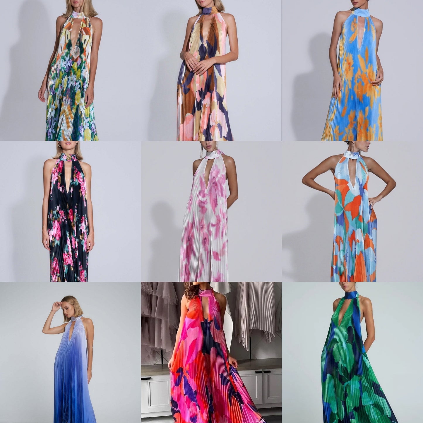 Floral Print Pleated Sleeveless Deep V-Neck Halter Backless Swing Maxi Dress