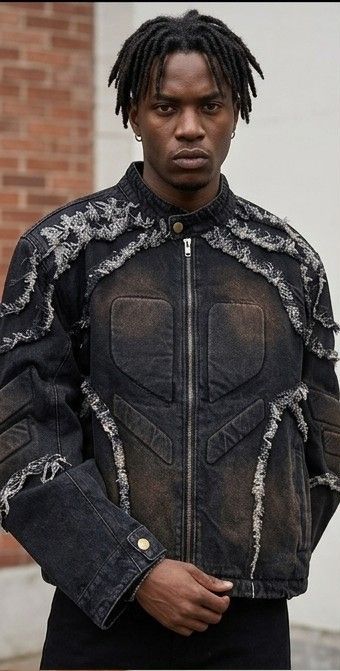 Men's Denim Vintage Tiered Tassel Fringe Embossed Frayed Shoulder Design Stand Collar Biker Jean Jacket