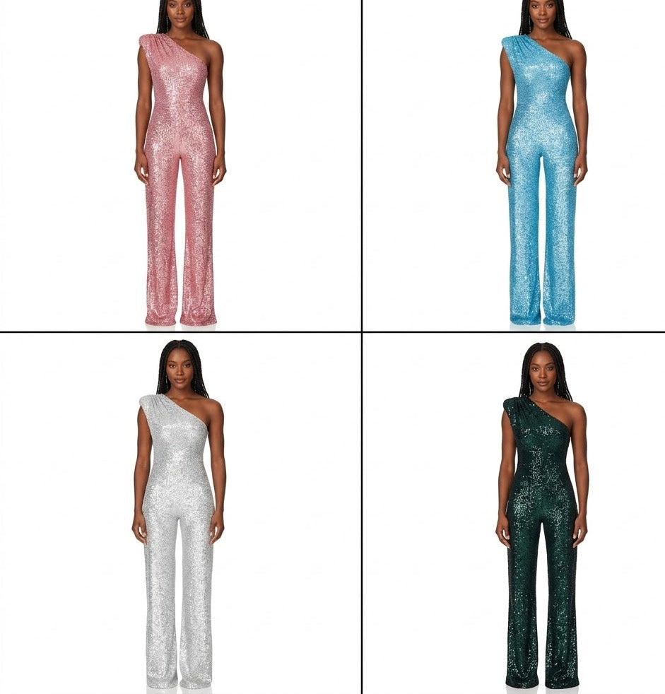 Sequin Sleeveless Sparkling Glitter Asymmetrical One Shoulder Women's Jumpsuit