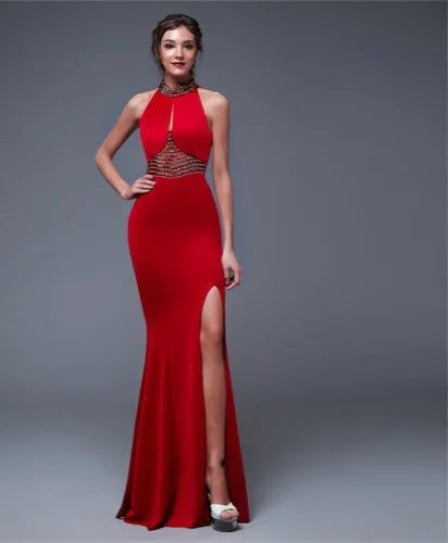 Sleeveless Cut-Out Backless High Side Slit Solid Prom/Bridesmaid Formal Mermaid Party Dress