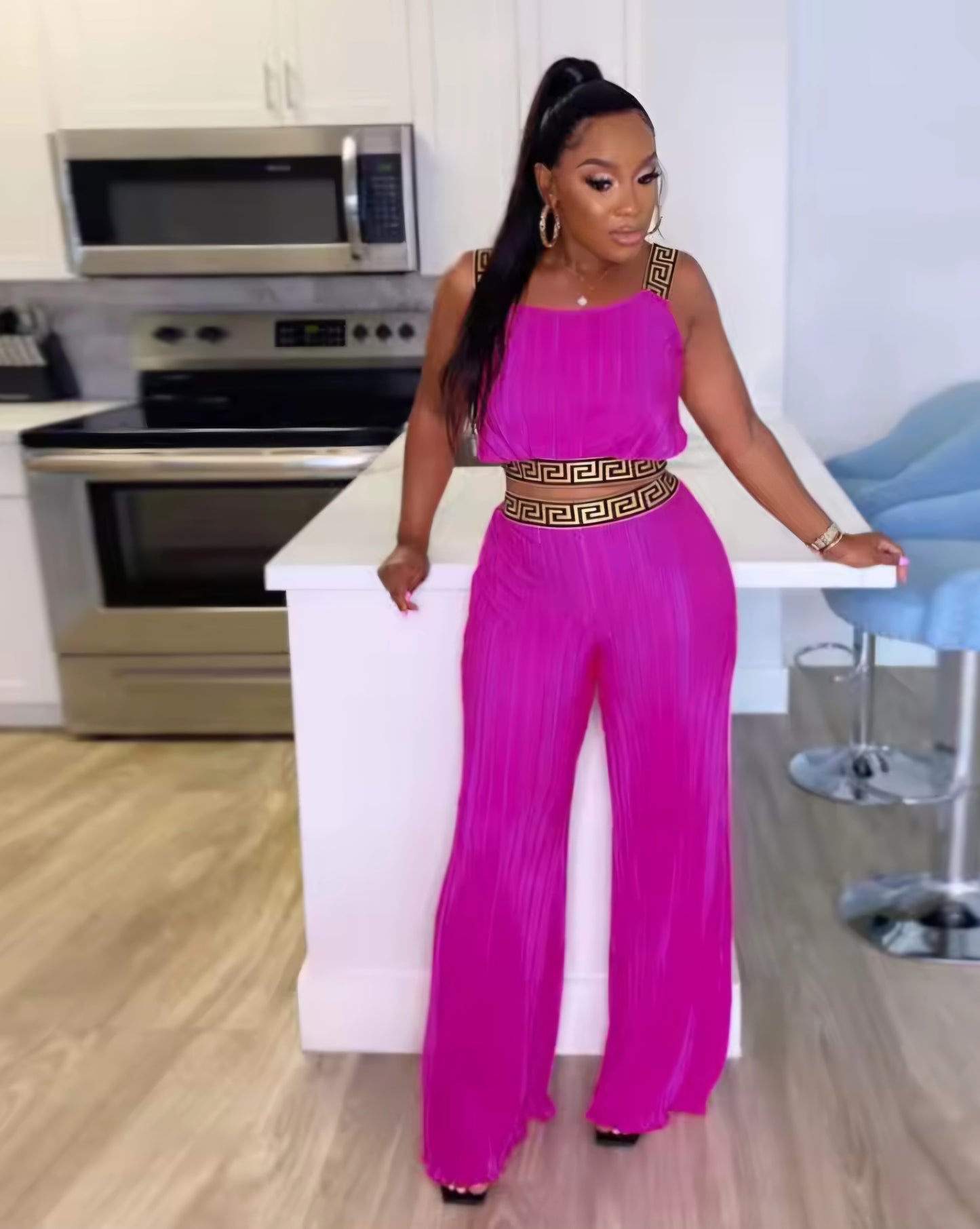 Geometric Print Trim Solid Color Sleeveless Ruched Women's Crop Halter Top + Palazzo Pants 2-Piece Set