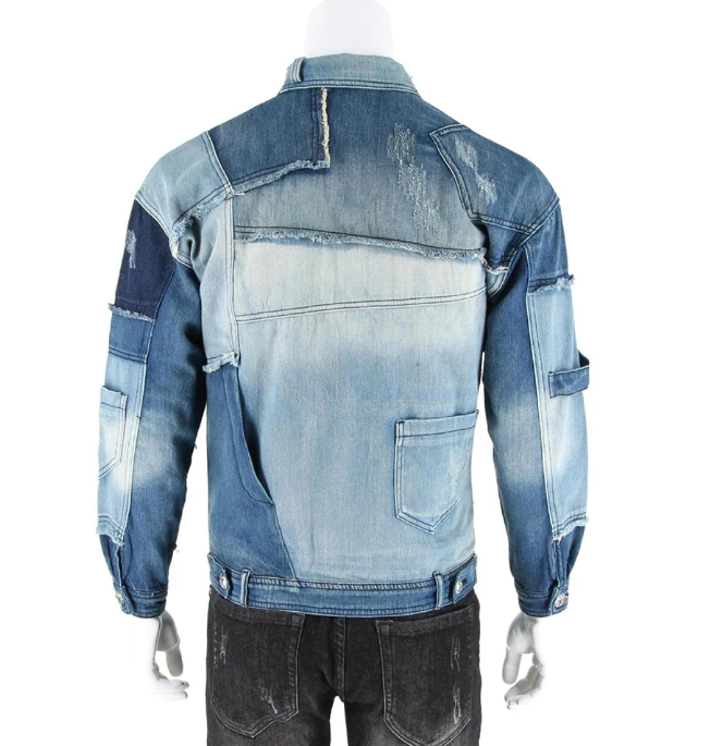 Men's Denim Patchwork Irregular Colorblock Gradient Ripped Fringe Stitch Turn-Down Collar Long Sleeve Multi-Pocketed Cargo Western Jean Jacket
