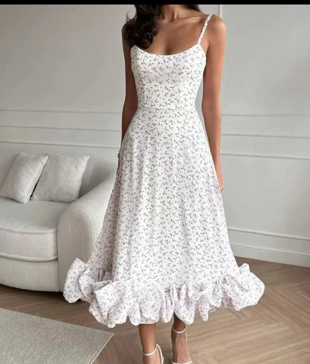 Ruffled Sleeveless Flower Hem Design Spaghetti Strap Flounce Bustier Fishtail Maxi Dress