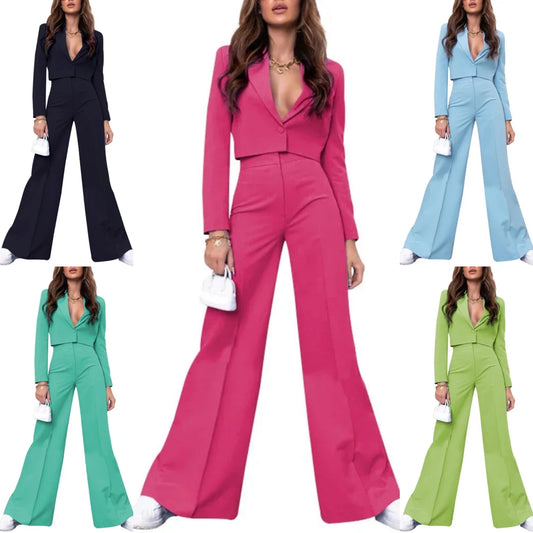 Cropped Notched Long Sleeve Blazer + High Waist Flared Leg Pants Women's Solid Color Business Suit