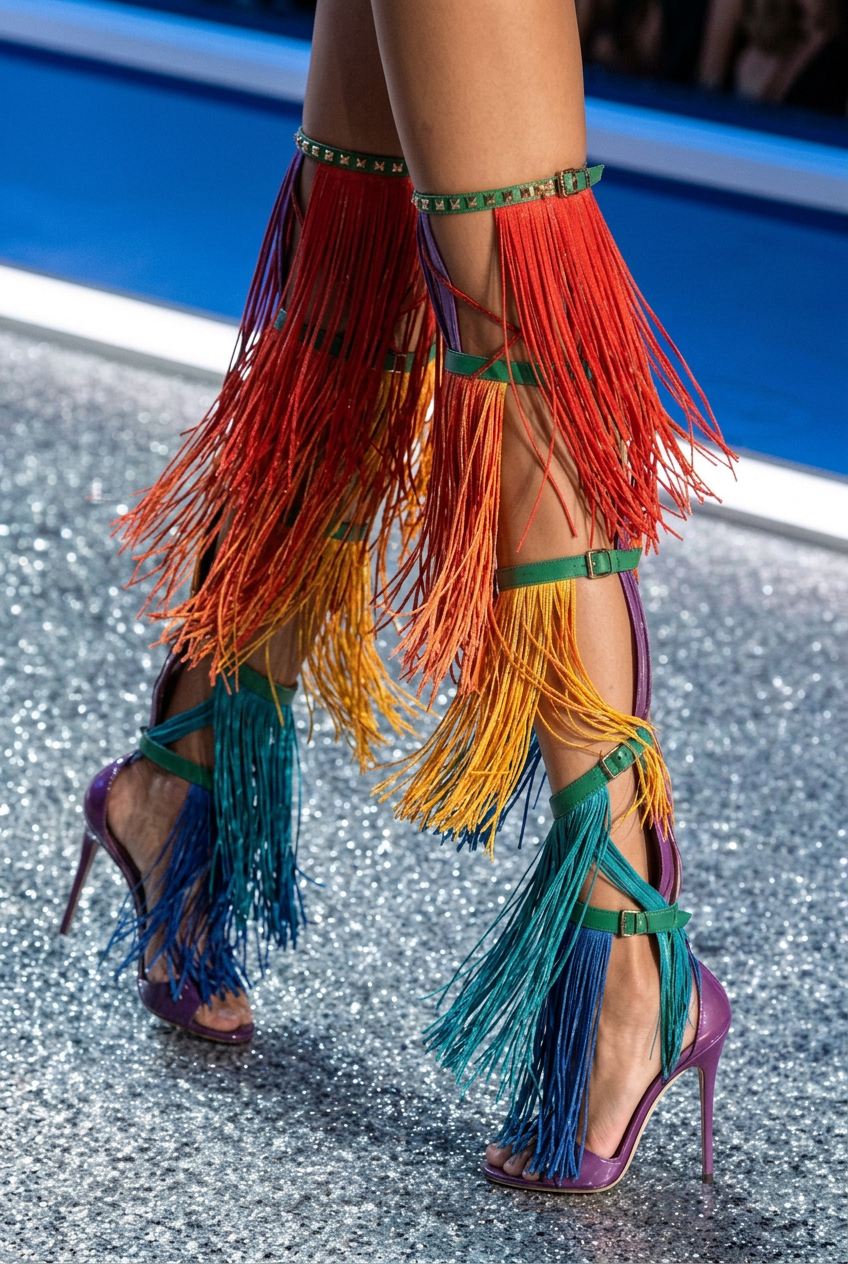 Rainbow Tiered Western Tassel Fringe Over-The-Knee Gladiator Open Toe Stiletto Heel Women's Sandal Boots