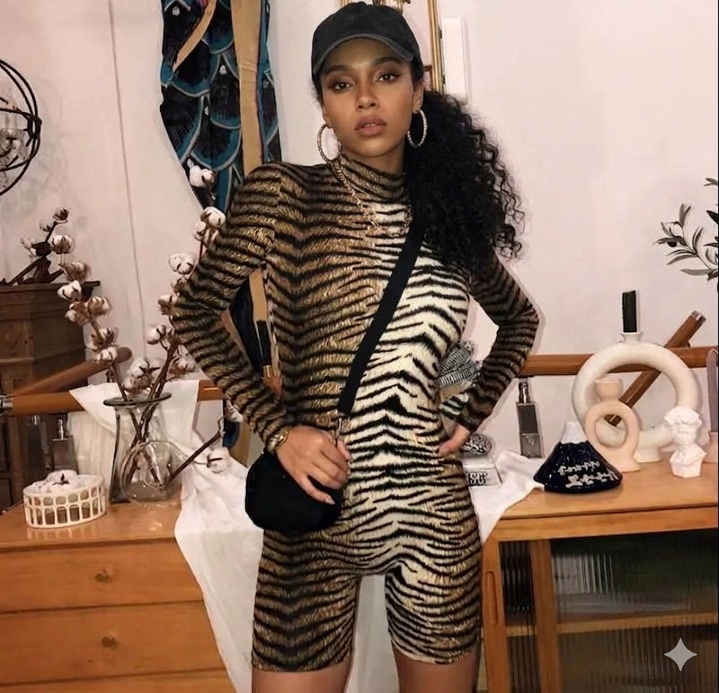 Leopard/Zebra Print Mock Neck Long Sleeve Women's Skinny Bodycon Shorts Romper