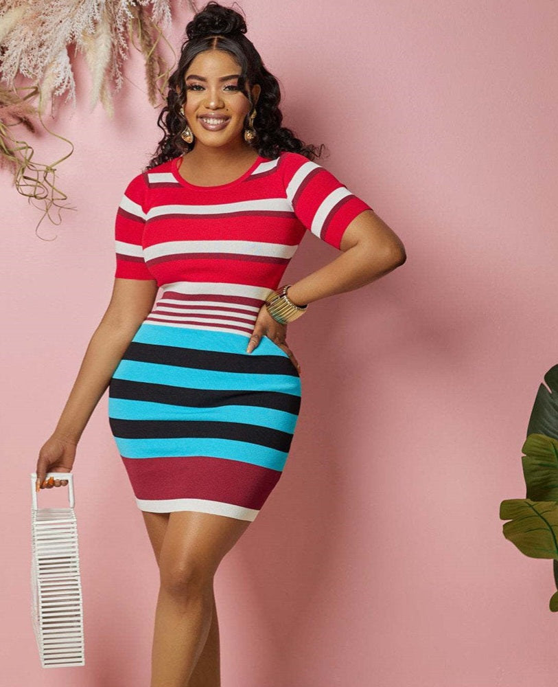 Striped Round Neck Short Sleeve Bodycon Dress