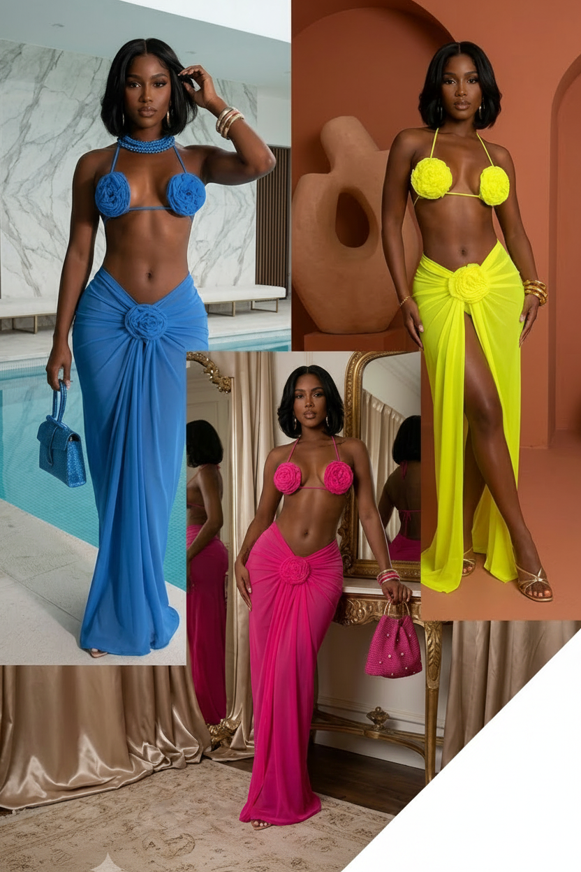 3D Flower Bikini Swimsuit + Sheer Mesh Ruched Sarong Maxi Skirt Cover-Up 3-Piece Swimwear Set
