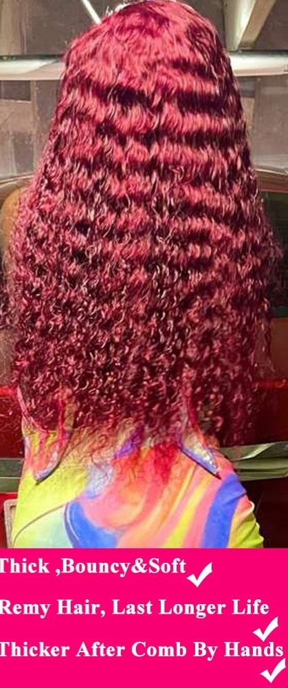 Deep Wave Burgundy 13x4 HD Transparent Lace Frontal Glueless Wiga