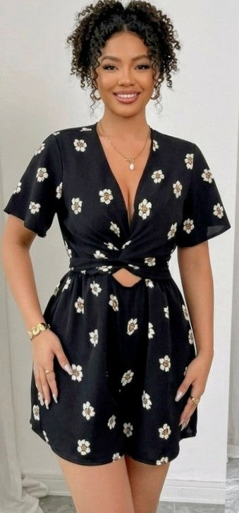 Big Flower Print Women's Short Sleeve Deep V-Neck One-Piece Shorts Romper