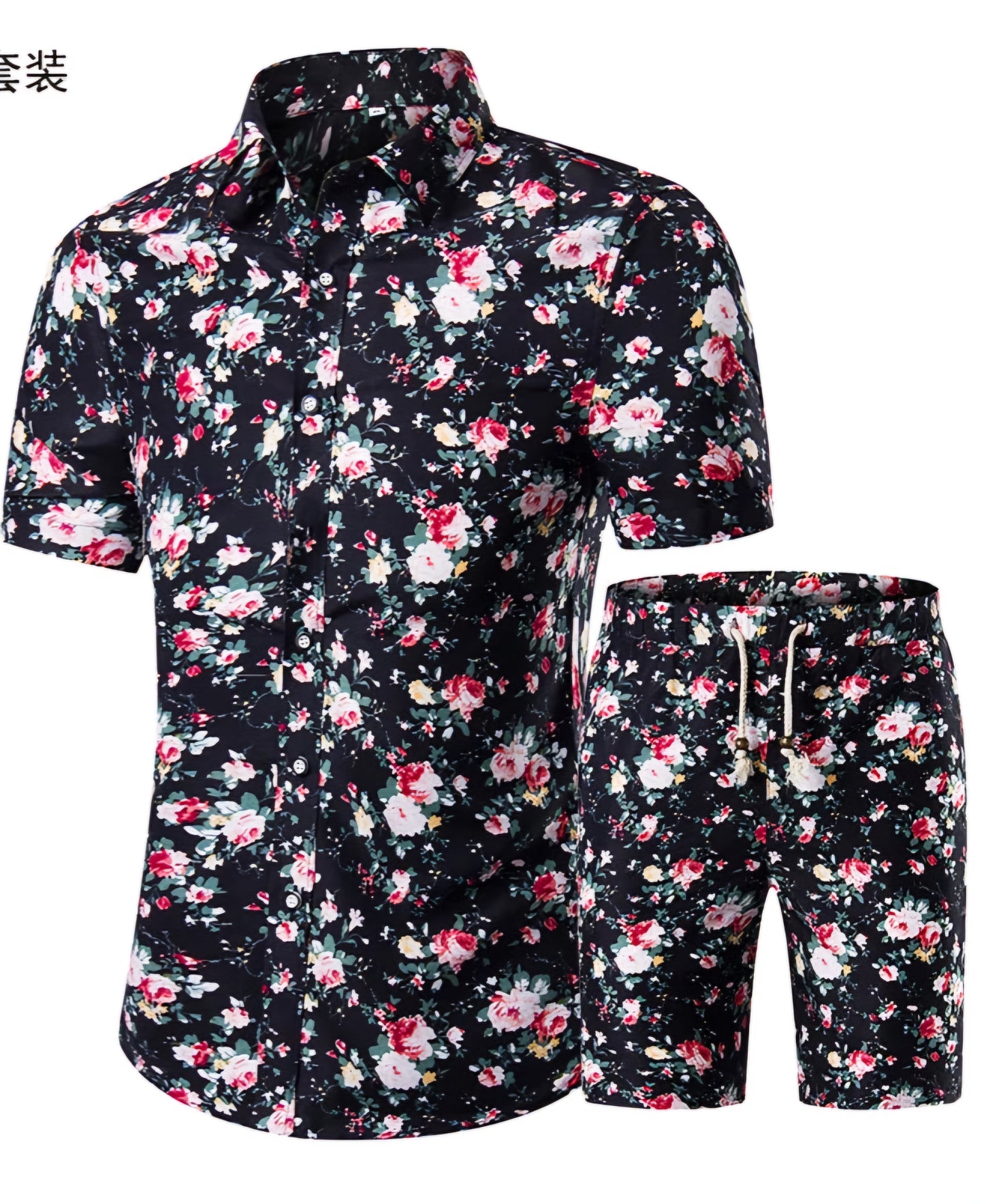 Men's Camouflage/Baroque/Floral/Hawaiian Print Short Sleeve Turn-Down Collar Shirt + Matching Drawstring Shorts 2-Piece Set