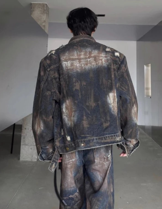 Men's Denim Colorblock Gradient Faded Checker Pattern Ripped Jean Jacket + Wide Leg Streetwear Hip-Hop Men's 2-Piece Set