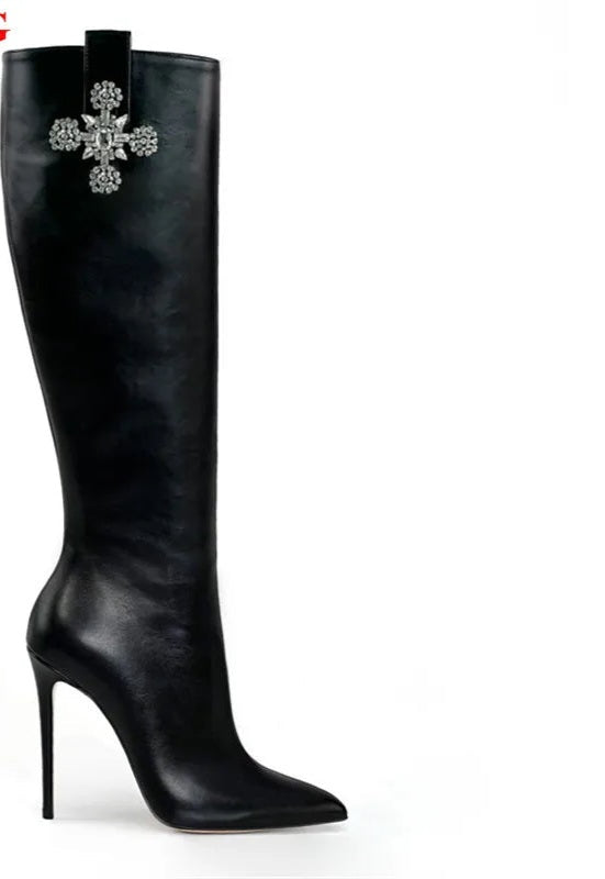 Solid Crystal Rhinestone Cross Pendant Pointed Toe High Heel Boots