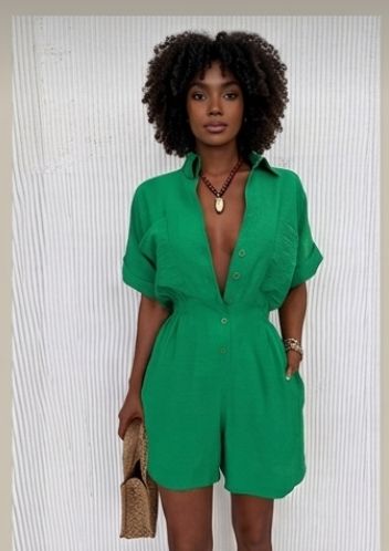 Deep V-Neck Turn-Down Collar Button-Up Solid Color Short Sleeve Women's Shorts Romper