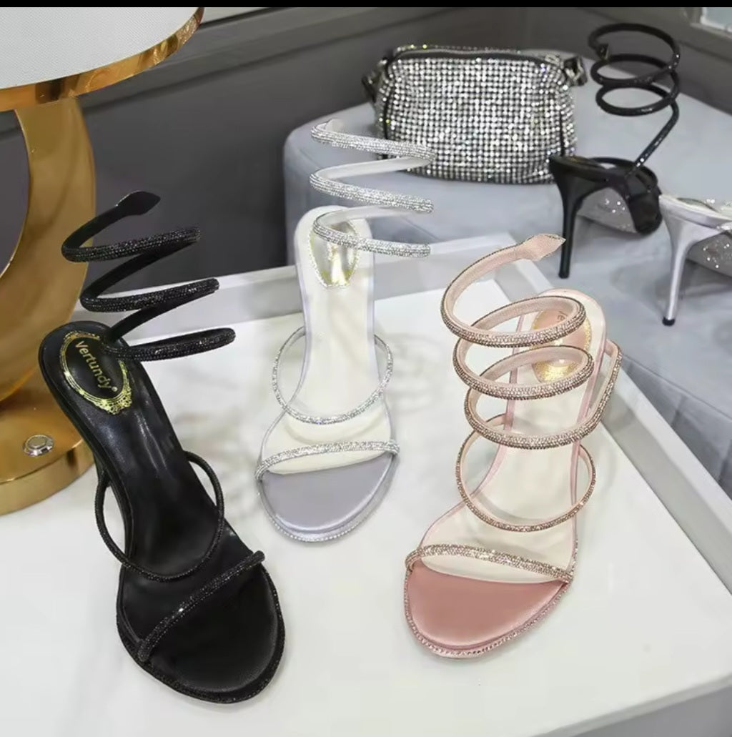 Metallic Spiral Ankle Strap Open Toe Thin Stiletto Heel Sandal Pumps