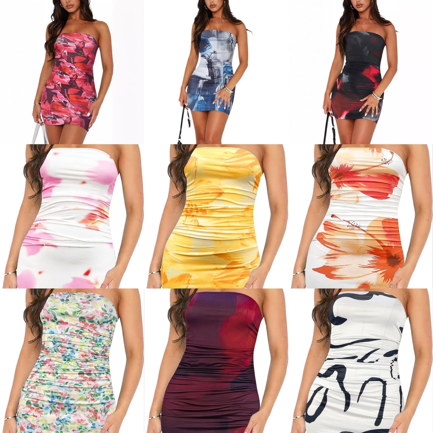 Sleeveless Ruched Flower/Colorblock Geometric Printed Mini Tube Dress