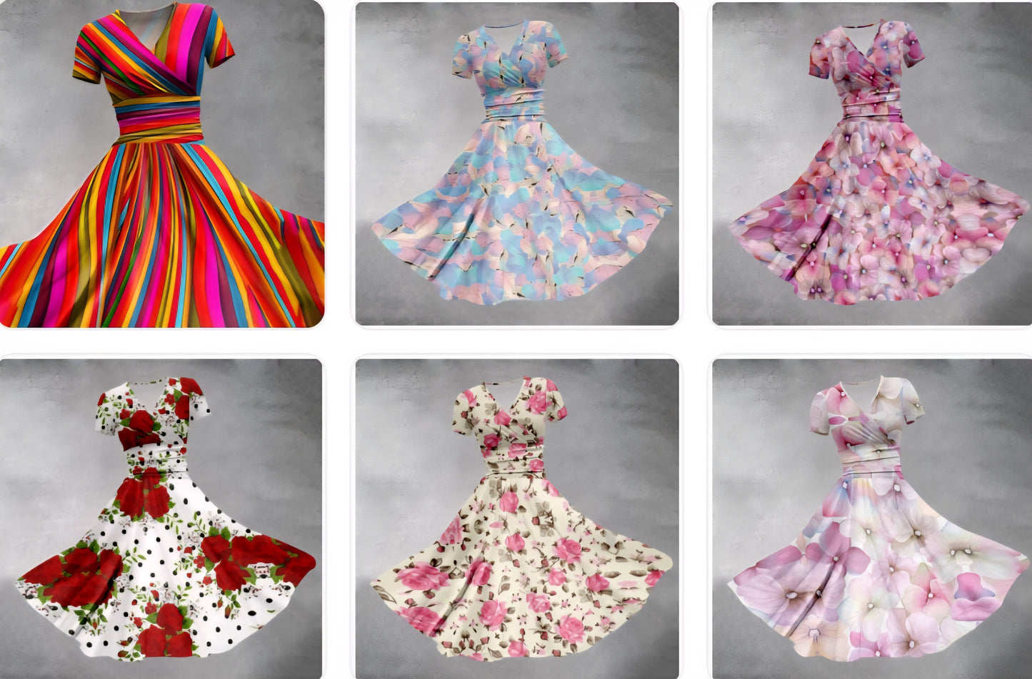 Pastel Rainbow Striped Colorblock/Flower Print V-Neck Short Sleeve Midi Big Swing Dress to 5X Plus Size