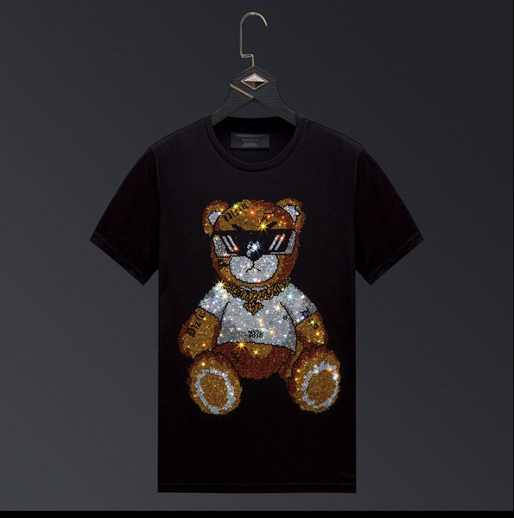 Men's Rhinestone Hip-Hop Teddy Bear Print O-Neck Short Sleeve T-Shirt
