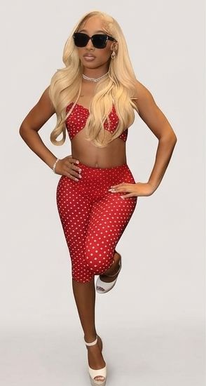 Polka Dot Print Women's Bikini Top + Skin Tight Capri Pants 2-Piece Set