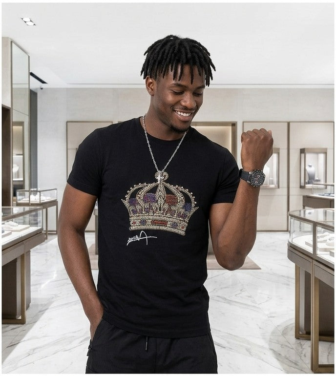 Men's Rhinestone Sparkling Hip-Hop Crown Print Hot Drill Short Sleeve T-Shirt